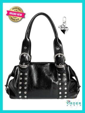 Y2K Studded Shoulder Bag Distressed Leather Punk Bowler Handbag